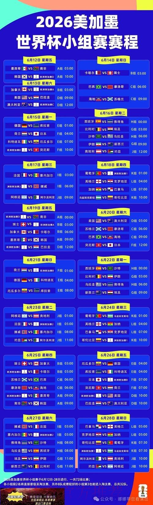 2026世界杯每日赛程今日最新时间表免费观看 2026世界杯每日赛程今日最新时间表免费观看